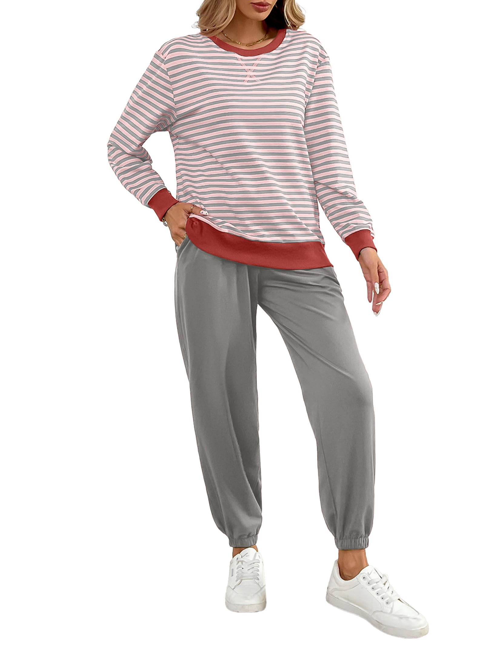 Women's Cozy 2 Piece Outfits Lounge Sets Striped Color Block Long Sleeve Tops Jogger Sweatpants