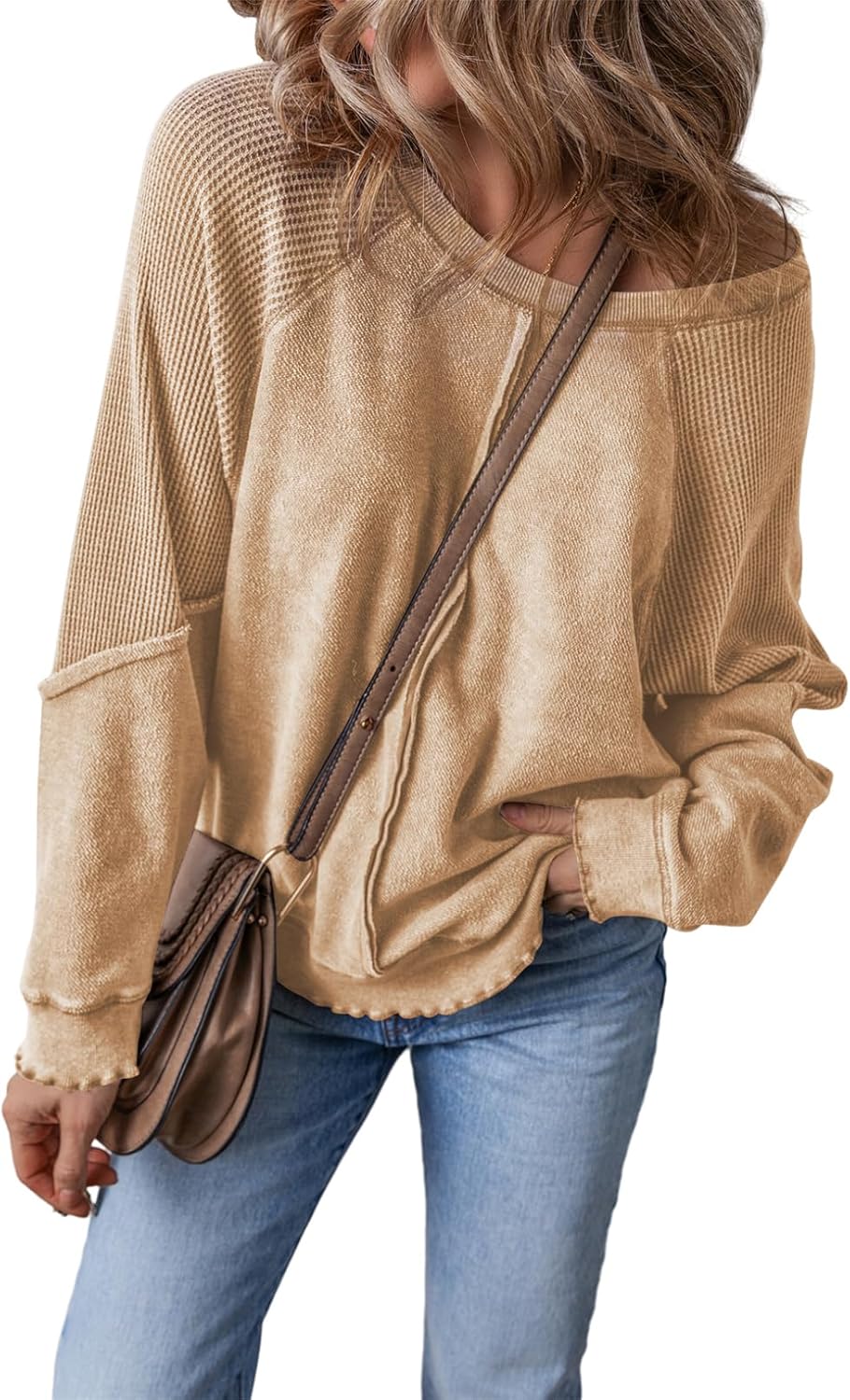 Womens Crewneck Long Sleeve Waffle Knit Sweatshirt