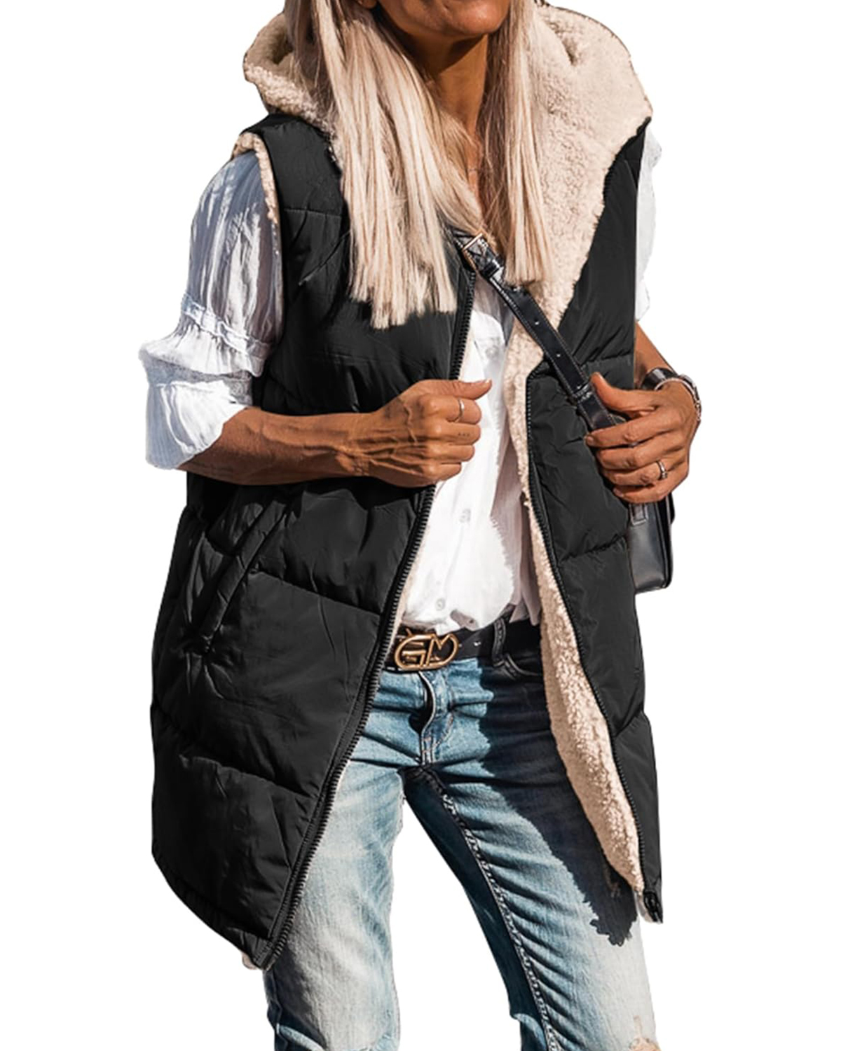 Women's Sleeveless Hooded Reversible Fleece Jacket Zip Up Coat Outerwear Vests(BUY 2 FREE SHIPPING)