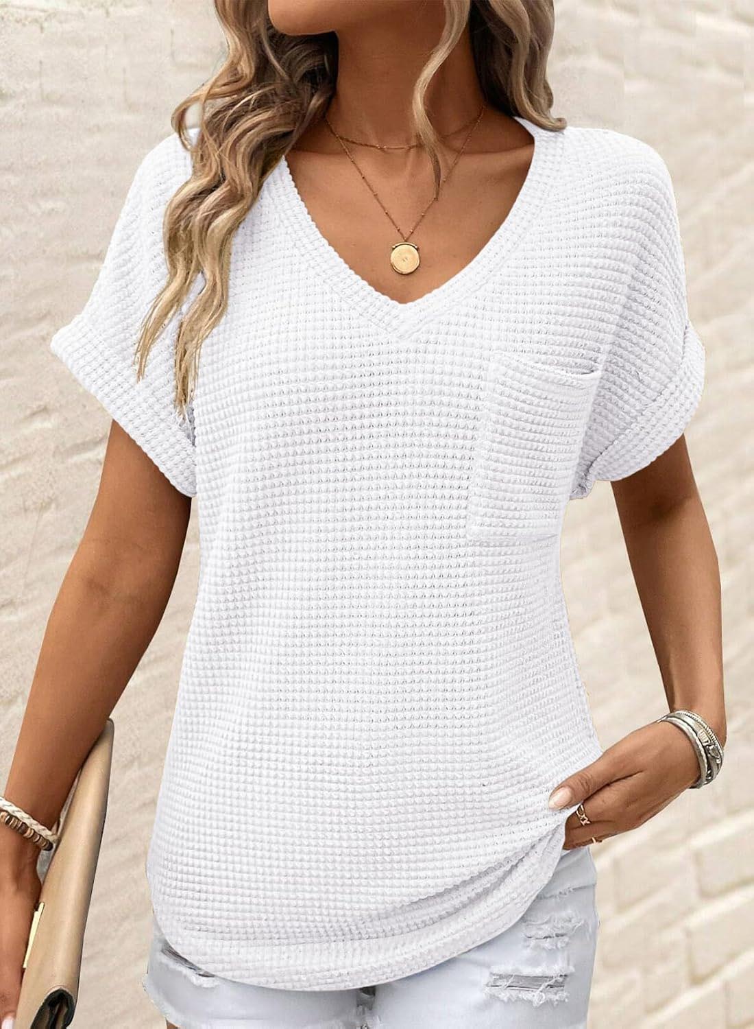 Women's Oversized Waffle V Neck Short Sleeve Casual Top(BUY 2 FREE SHIPPING)
