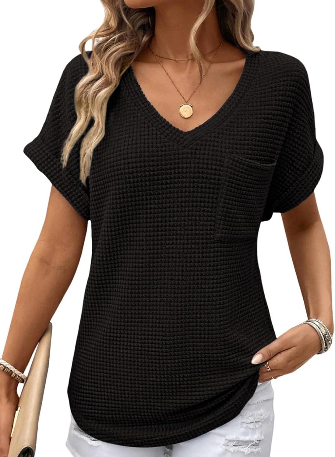 Women's Oversized Waffle V Neck Short Sleeve Casual Top(BUY 2 FREE SHIPPING)