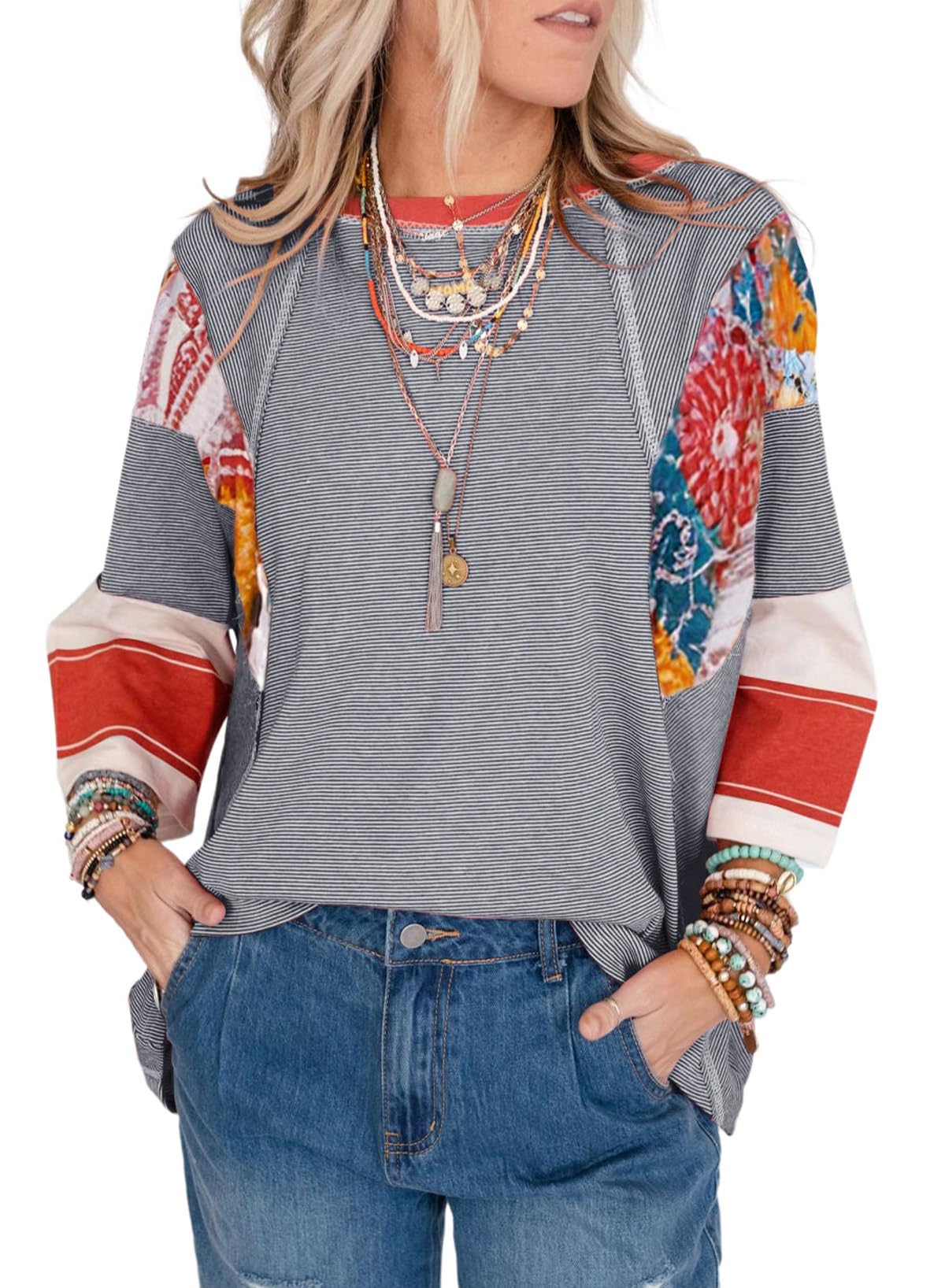 2025 New Women's 3/4 Length Sleeve Oversized Striped Patchwork Shirts(buy 2 free shipping)
