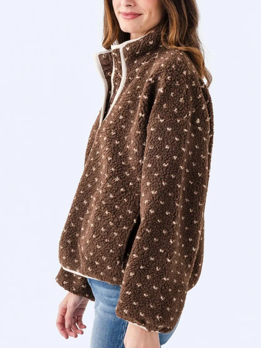 Women's Button-down Turtleneck Heart Sherpa Pullover