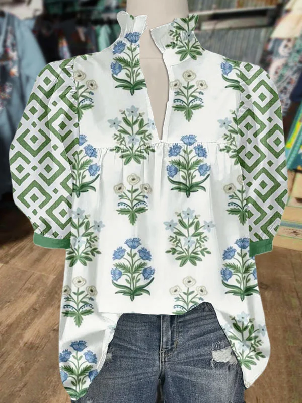Spring Floral Print Puff Sleeve Blouse