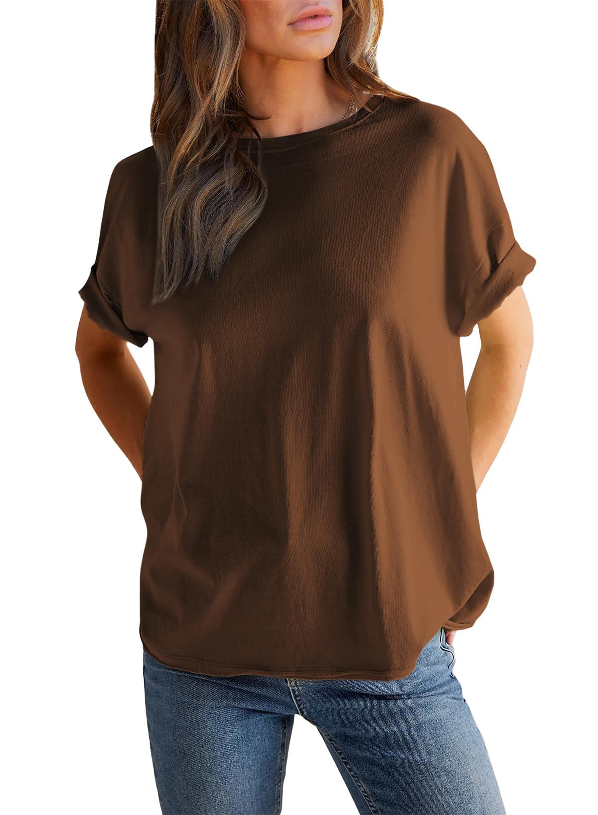 Round neck solid color short sleeve back spliced T-shirt cotton tee