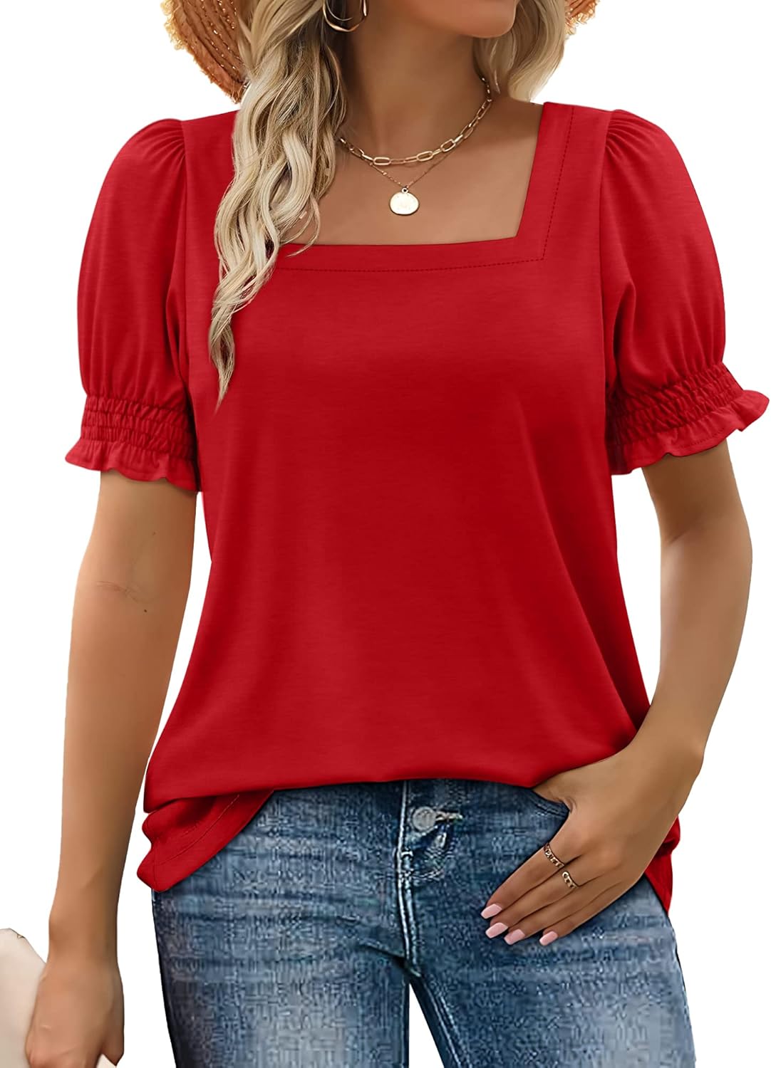 Limited time sale🔥Women's Square Neck  Smocked Sleeve T-Shirt Casual Top(BUY 3 FREE SHIPPING)