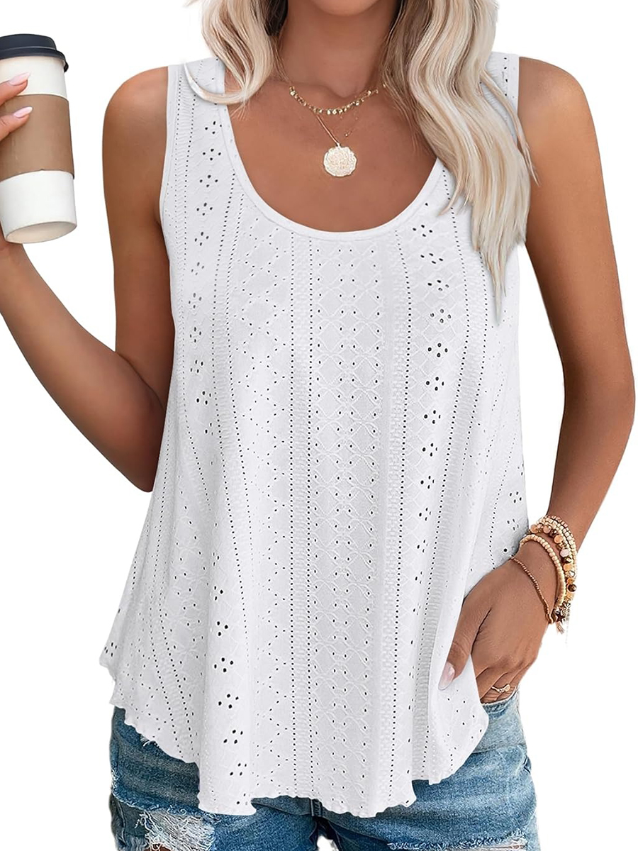 Women's Casual Loose Scoop Neck Wide Strap Eyelet Tank Tops