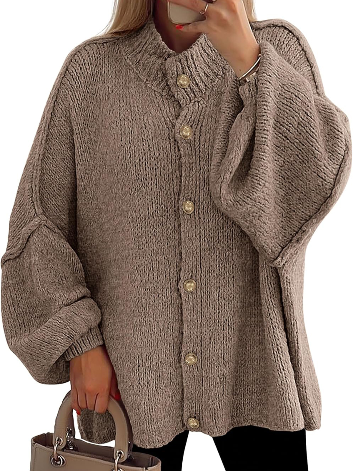 Women's Winter Button Down Cardigan Sweaters Mock Neck Lantern Long Sleeve 