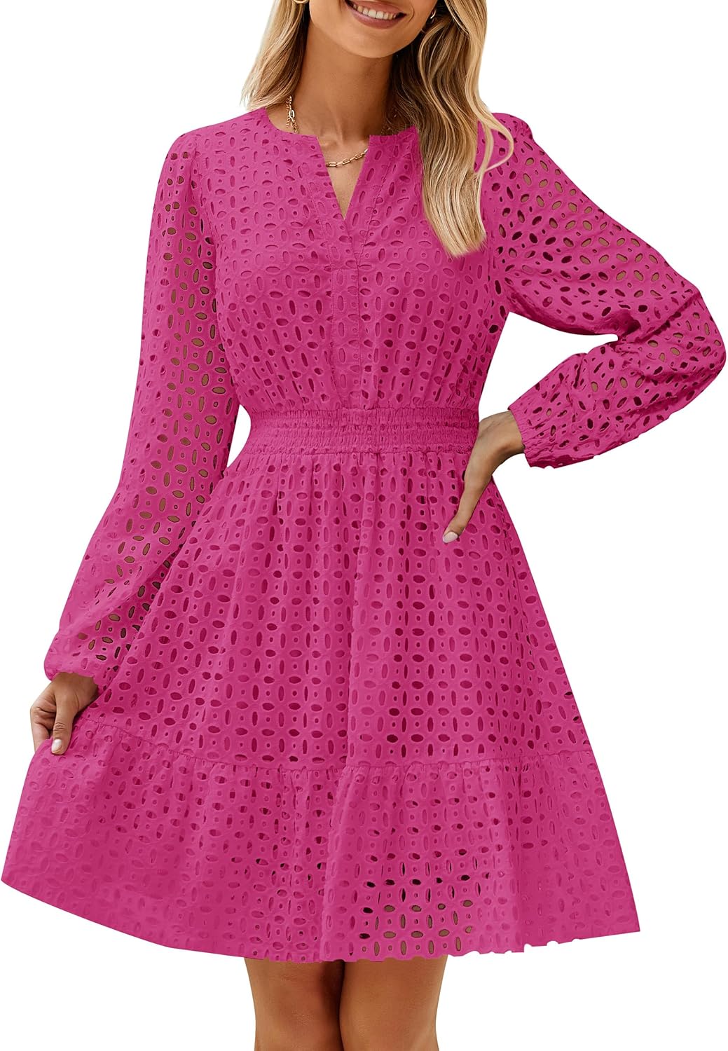 Women's Long Sleeve Mini Dress V Neck Hollow Out Eyelet Embroidery Ruffle Dresses(BUY 2 FREE SHIPPING)