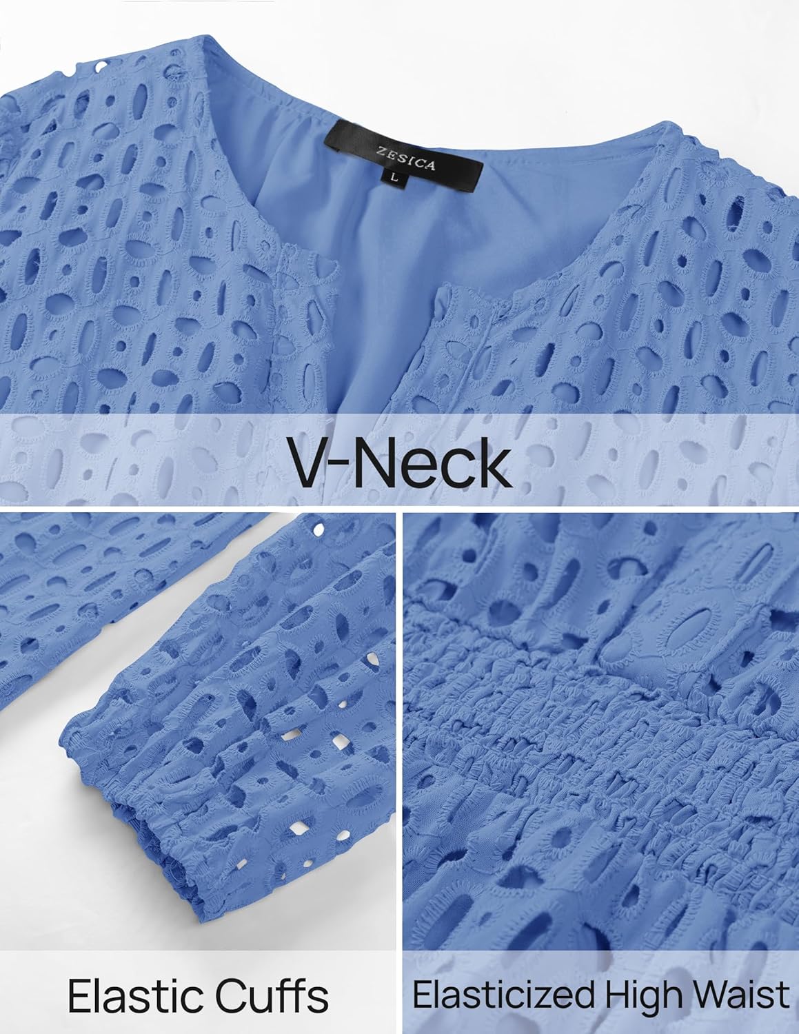 Women's Long Sleeve Mini Dress V Neck Hollow Out Eyelet Embroidery Ruffle Dresses(BUY 2 FREE SHIPPING)