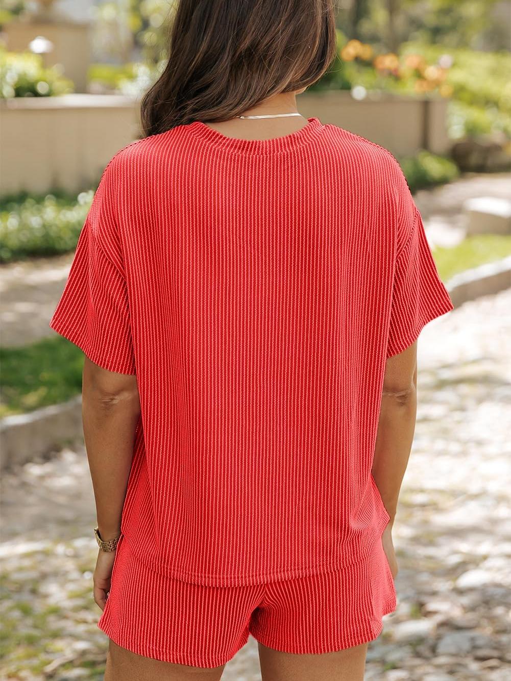 Women's Ribbed Textured Knit Loose Lounge Shorts 2 Piece Set