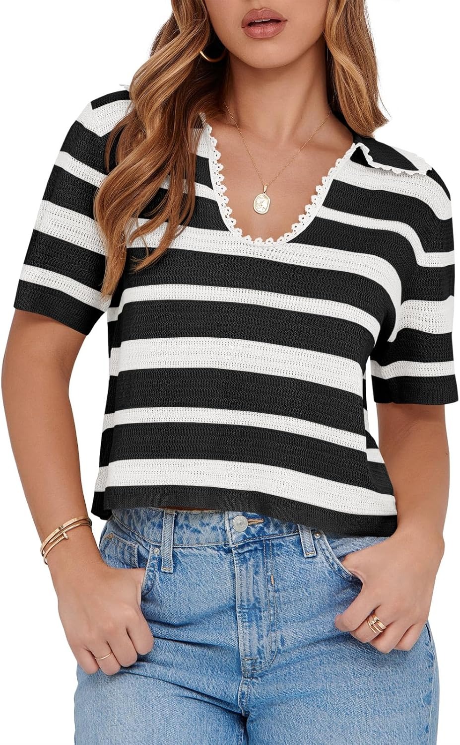 Women's Summer V Neck Collared Striped Short Sleeve Sweater Top(Buy 2 Free Shipping)