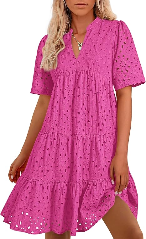 Women's V Neck Short Sleeve Hollow Out Mini Vacation Dress (Buy 2 Free Shipping)