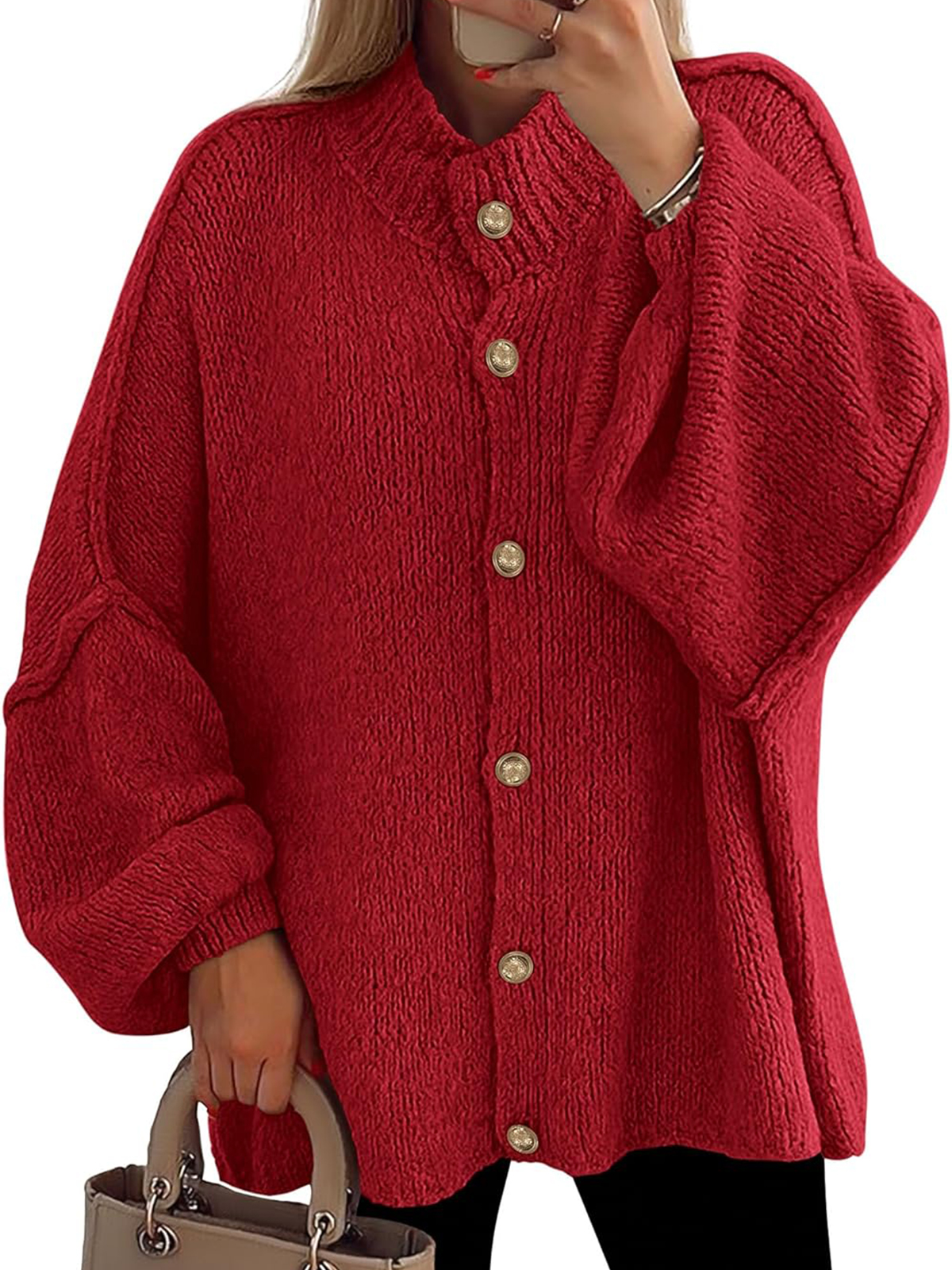 Women's Winter Button Down Cardigan Sweaters Mock Neck Lantern Long Sleeve 
