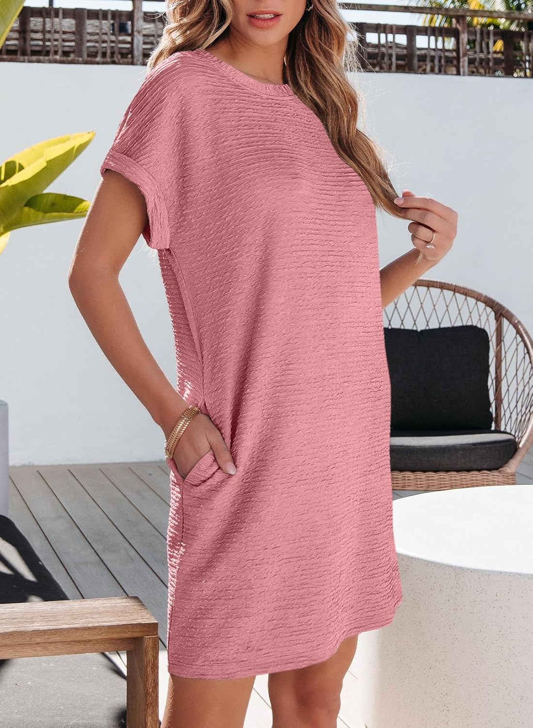 Womens  Short Sleeve Mini Dress Crewneck Solid Casual Beach Vacation Dresses