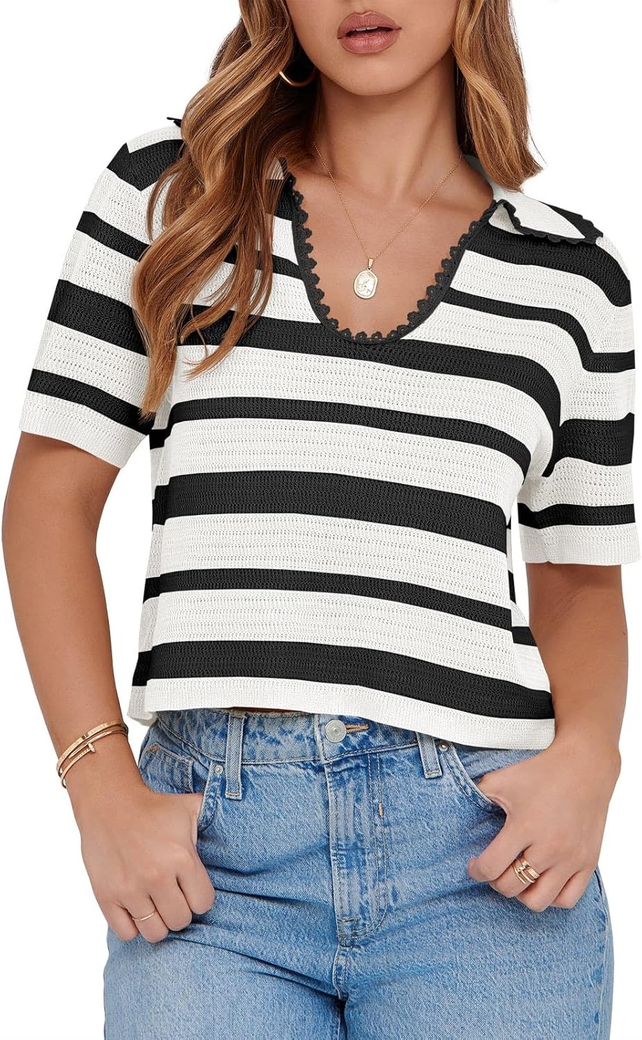 Women's Summer V Neck Collared Striped Short Sleeve Sweater Top(Buy 2 Free Shipping)