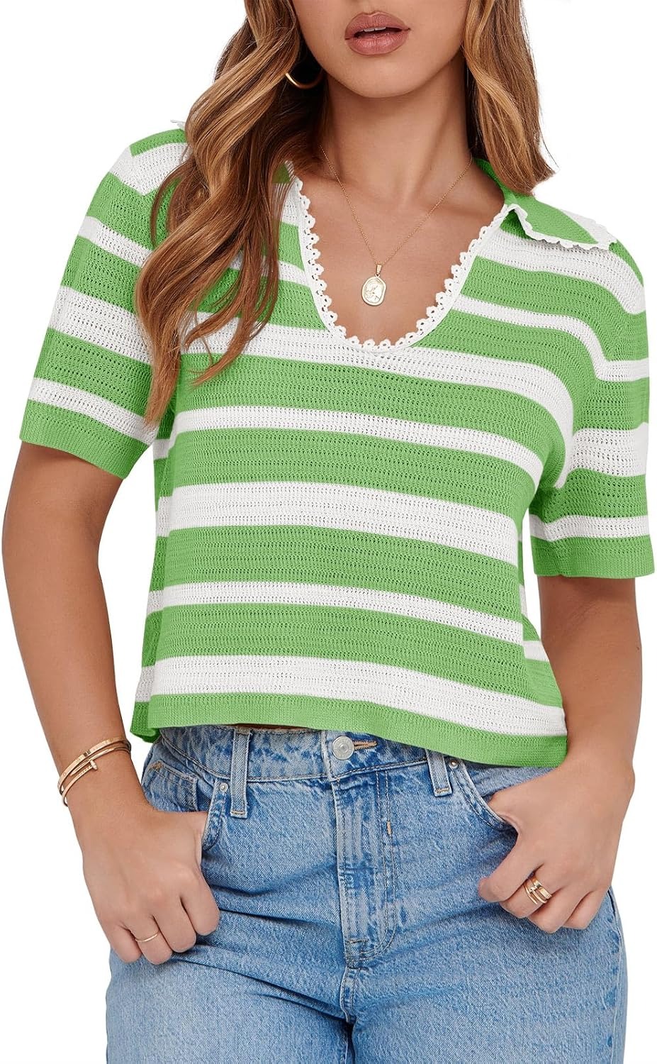 Women's Summer V Neck Collared Striped Short Sleeve Sweater Top(Buy 2 Free Shipping)