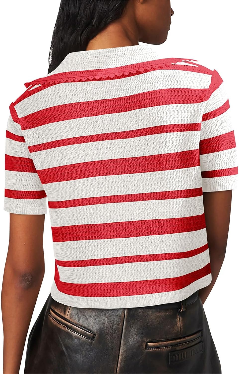 Women's Summer V Neck Collared Striped Short Sleeve Sweater Top(Buy 2 Free Shipping)