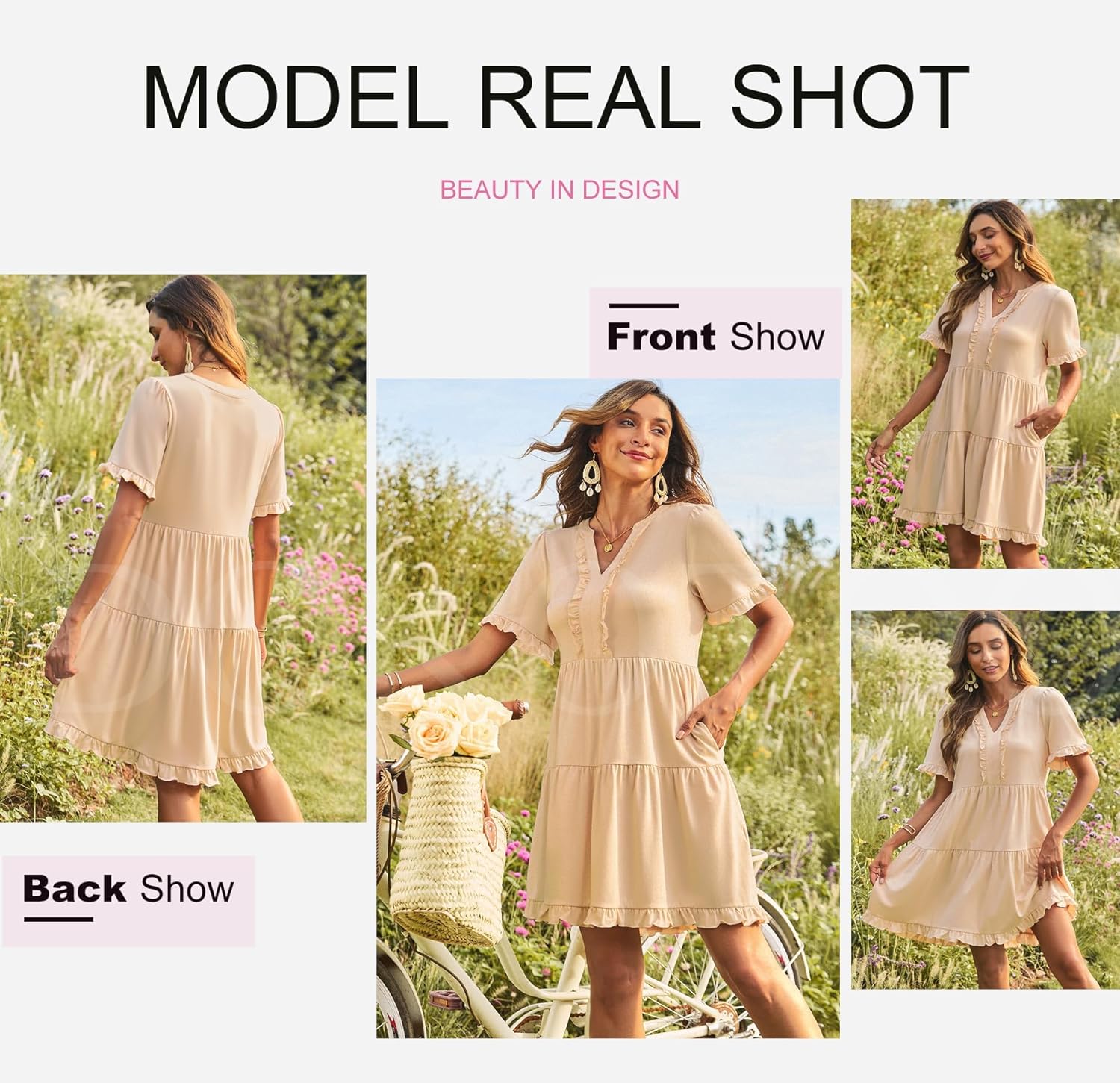 Womens Dresses  V Neck Short Sleeve Casual A Line Flowy Swing Shift Dress 