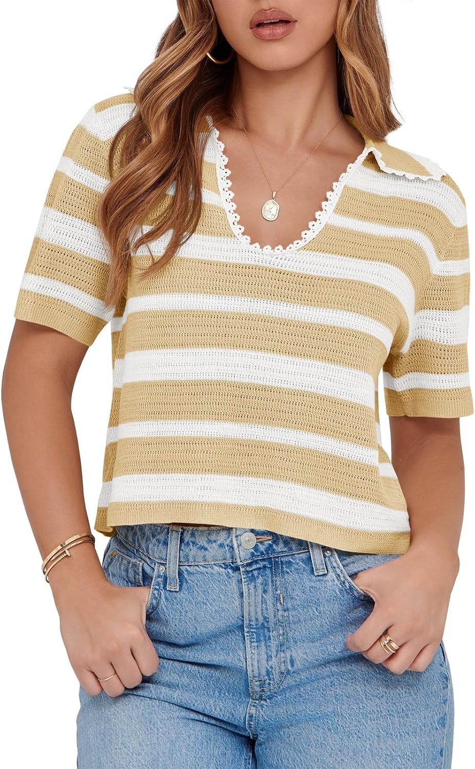 Women's Summer V Neck Collared Striped Short Sleeve Sweater Top(Buy 2 Free Shipping)
