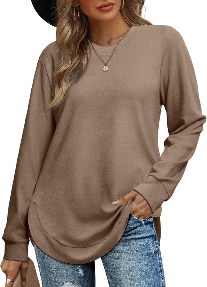 Womens Sweatshirt Crewneck Basic Long Sleeve Shirts High Low Tops Curved Hem