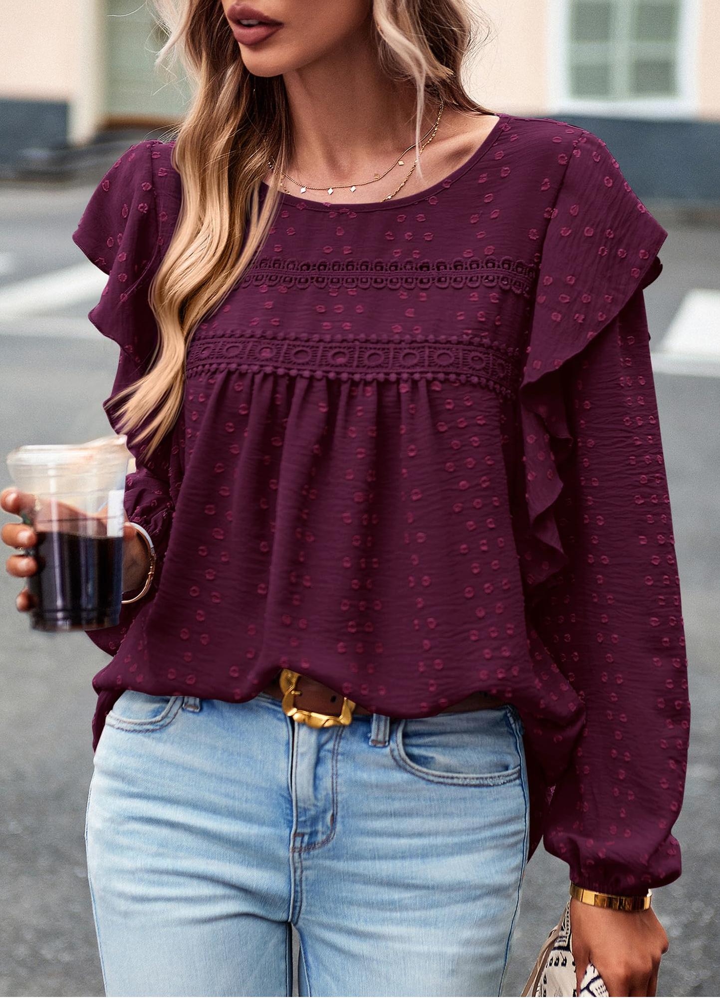 Women's Swiss Polka Dot Babydoll Top With Ruffles(Buy 2 Free Shipping)