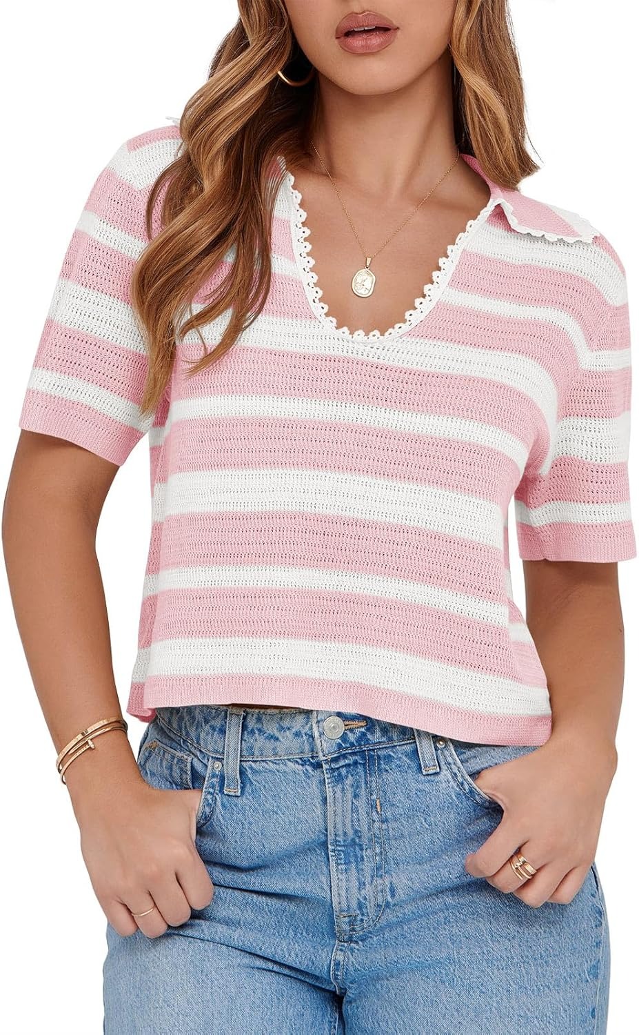 Women's Summer V Neck Collared Striped Short Sleeve Sweater Top(Buy 2 Free Shipping)