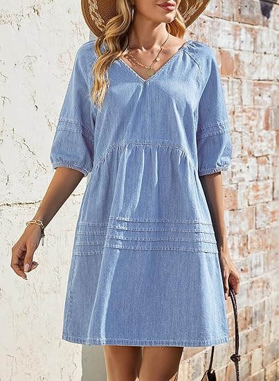 Women Casual V Neck Puff Short Sleeve Denim Dress(50% off!!!)