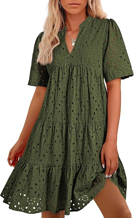 Women's V Neck Short Sleeve Hollow Out Mini Vacation Dress (Buy 2 Free Shipping)