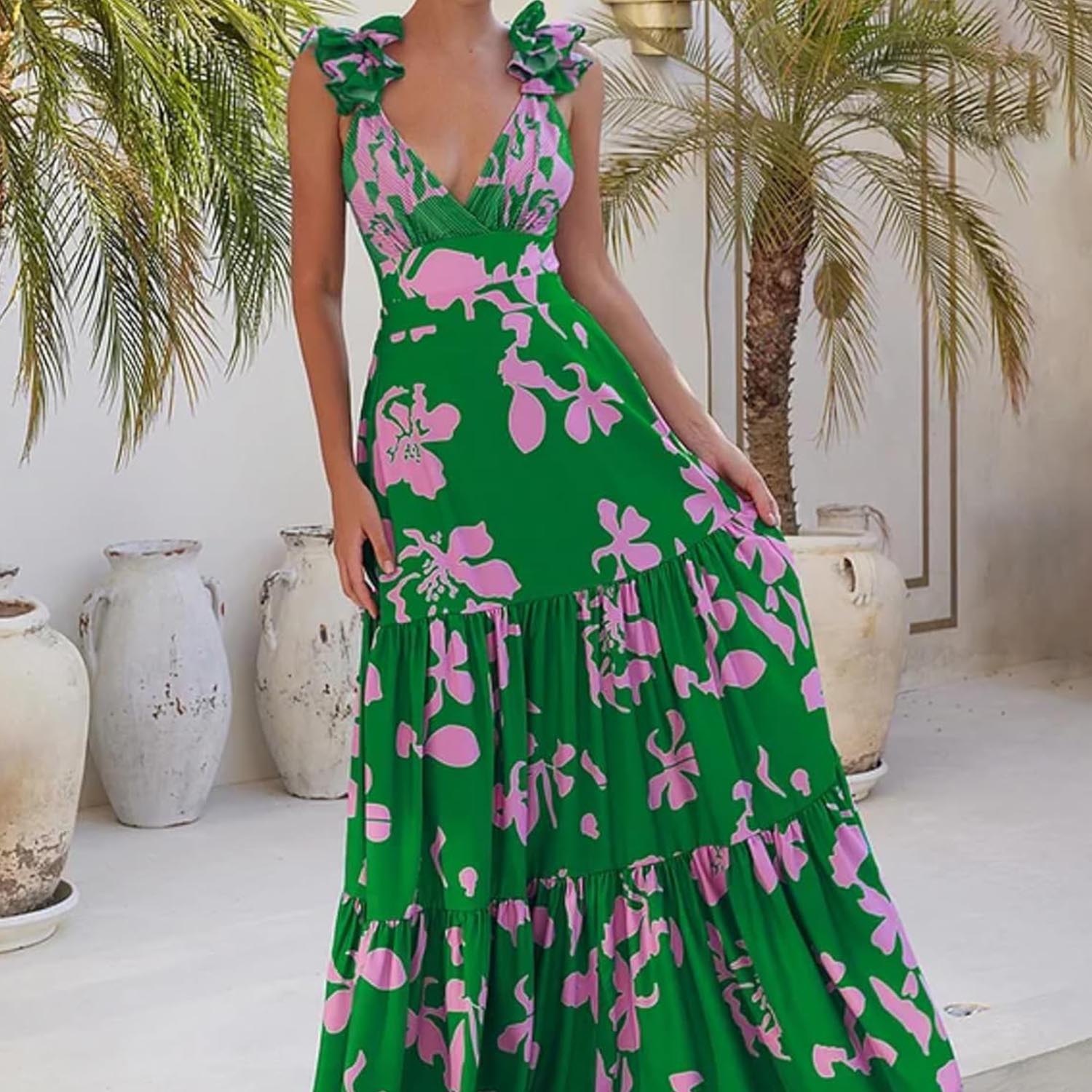 Women Adjustable Shoulder Strip Plant Prints One Piece Swimsuit and Skirt/Sarong