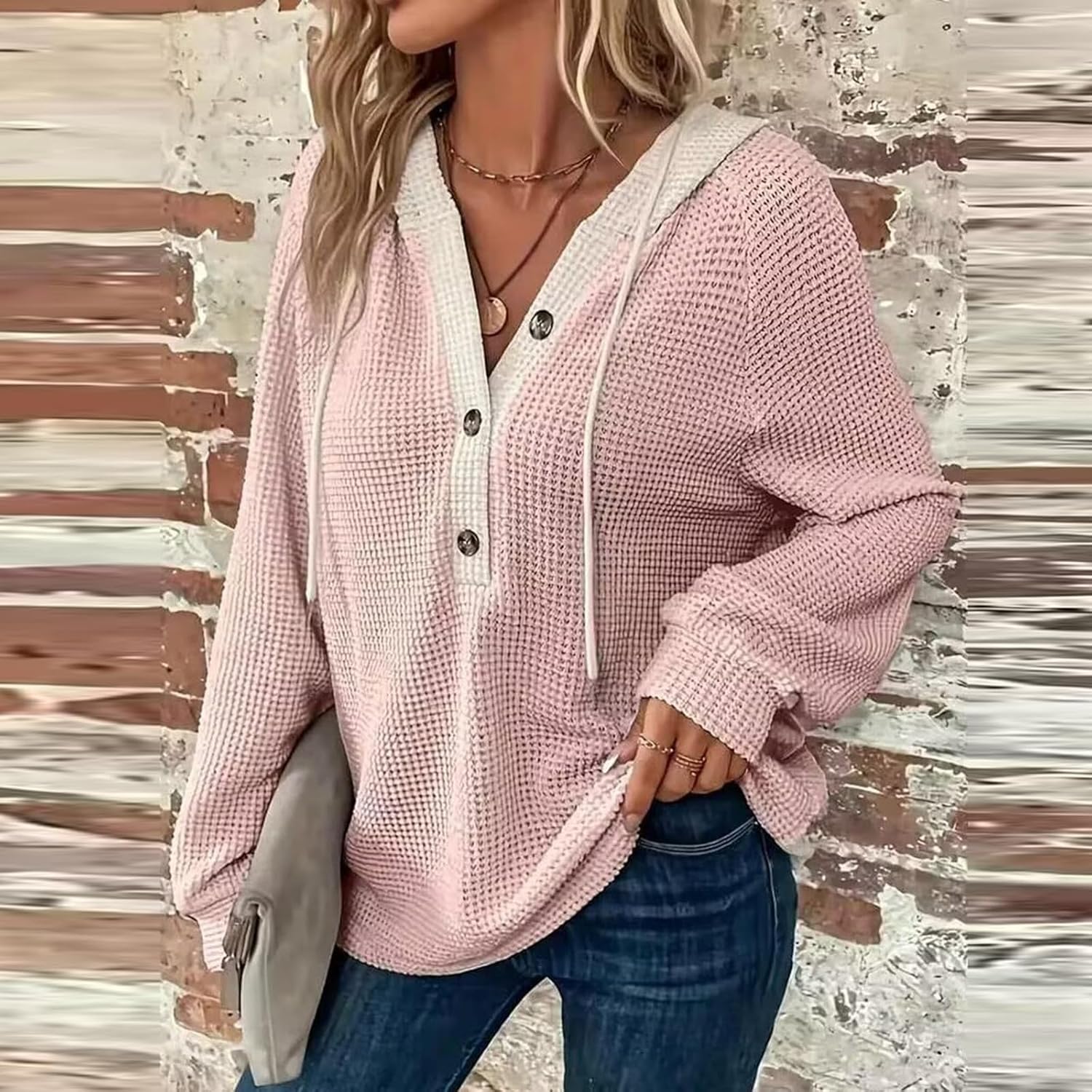 Women's Waffle Knit Drawstring Button Long Sleeve Hoodie