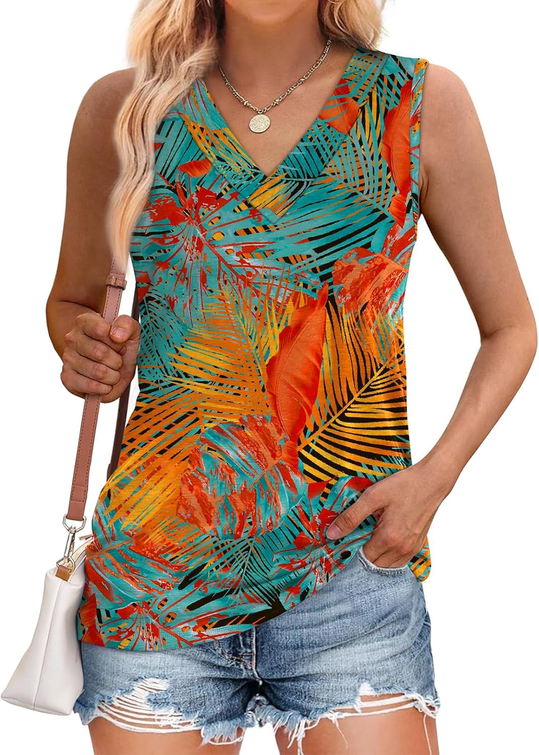 Women Summer Loose Fit V Neck T Shirts Trendy Sleeveless Basic Tank Tops 