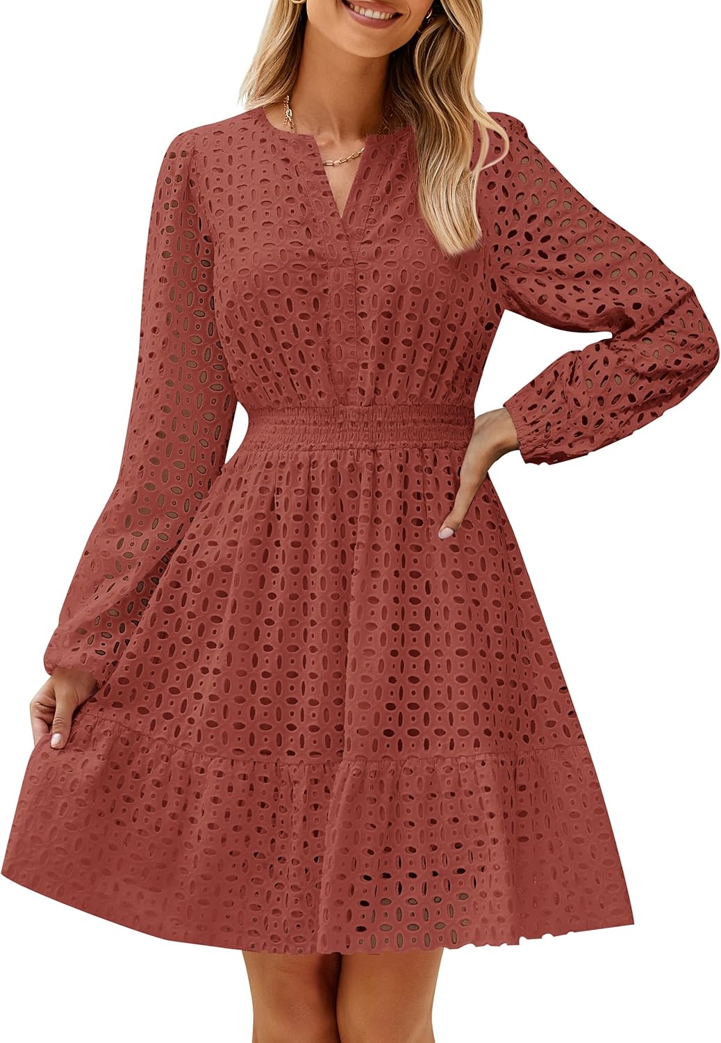 Women's Long Sleeve Mini Dress V Neck Hollow Out Eyelet Embroidery Ruffle Dresses(BUY 2 FREE SHIPPING)