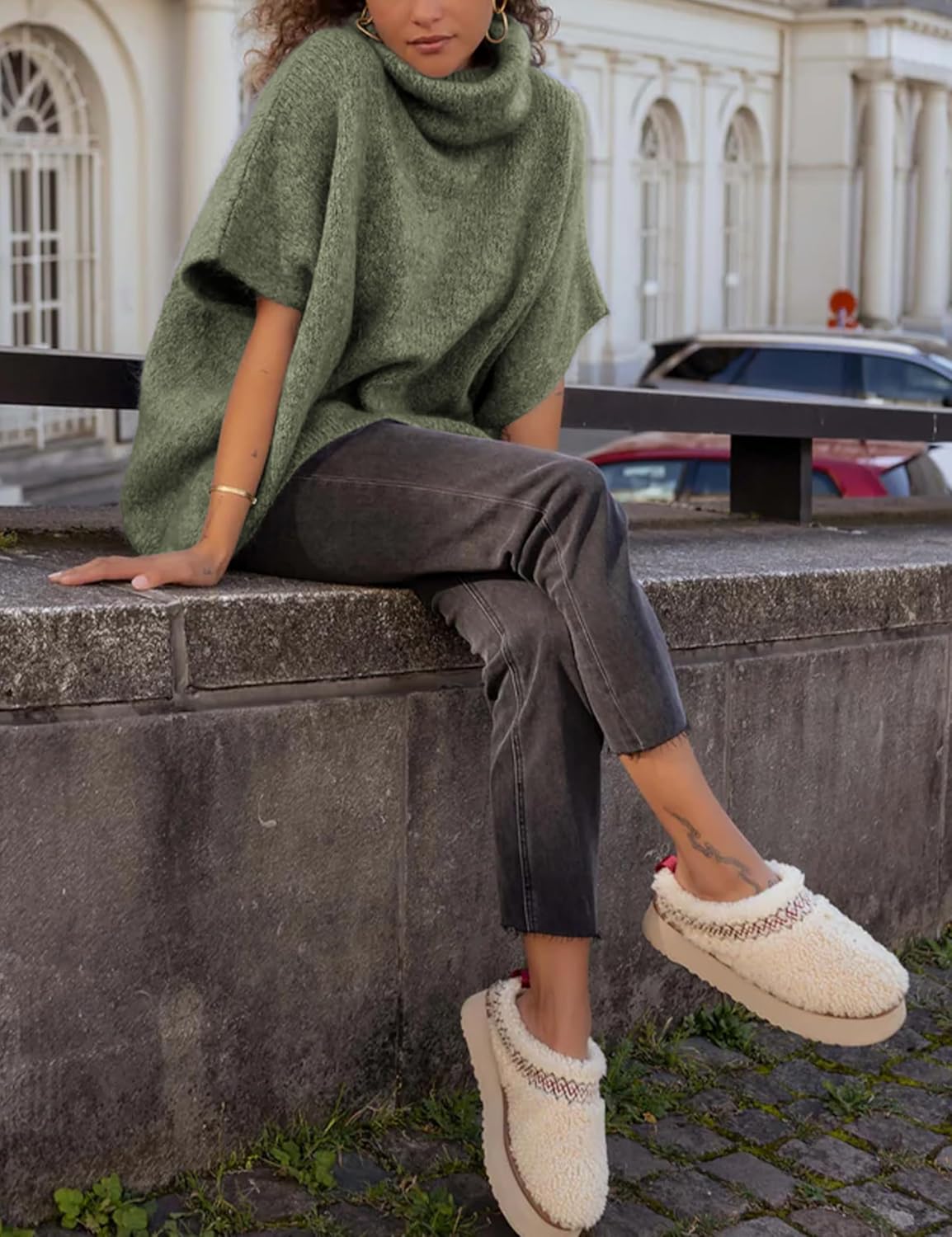 Women's Turtleneck Cropped Bat Sleeve Knit Top