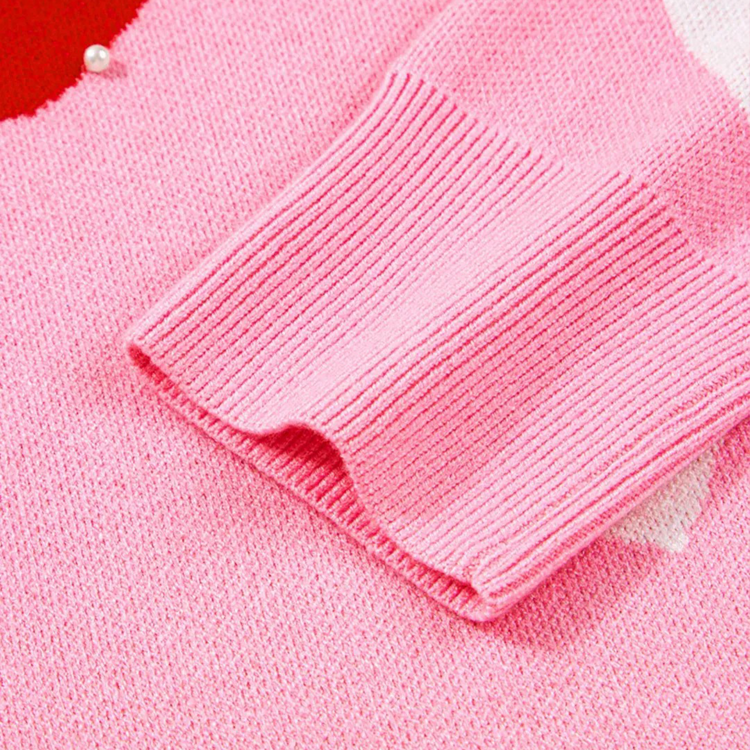 Pearl Embellished Heart Pattern Valentines Day Sweater
