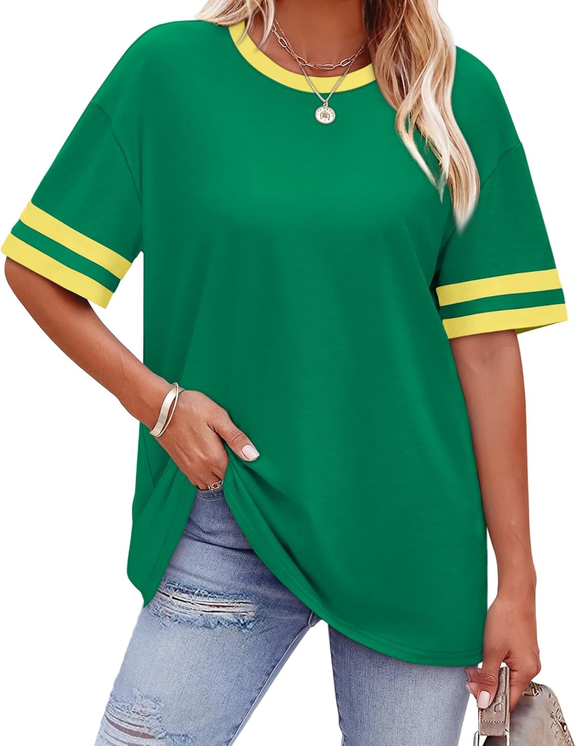 Women's Oversized Crew Neck Colorblock Striped Sleeve T-shirt