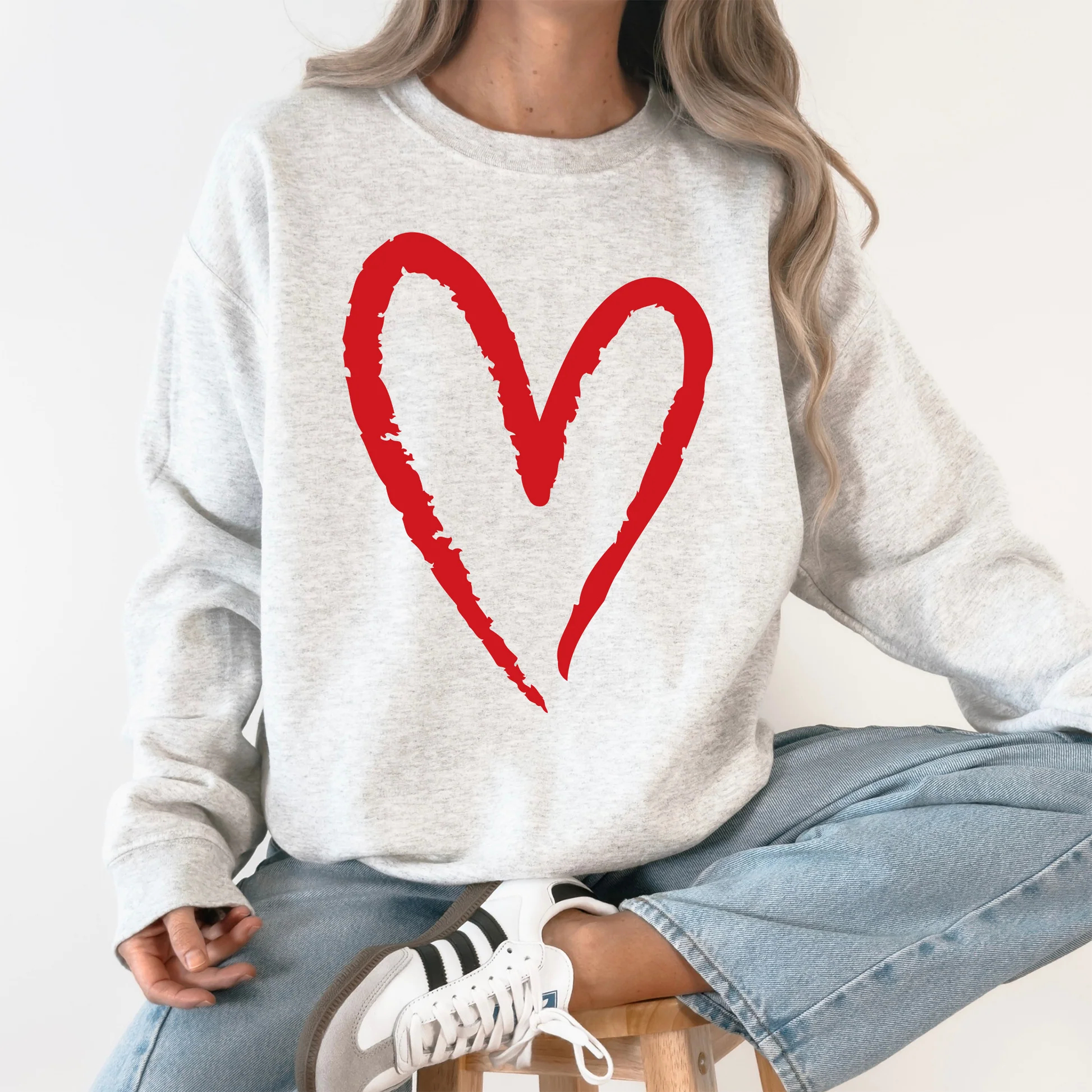 Womens Valentine Day Heart Print Crew Neck Sweatshirt