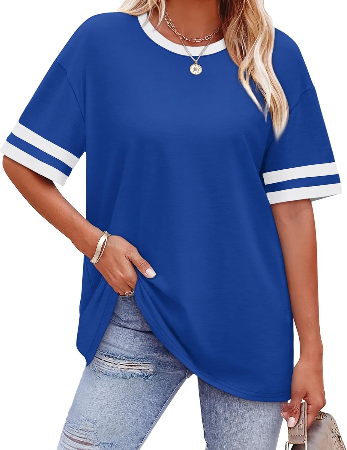 Women's Oversized Crew Neck Colorblock Striped Sleeve T-shirt