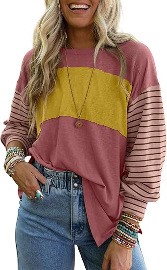 Round Crew Neck Casual Color Block Womens Shirts Blouses (Final Days: Big Savings!!!)