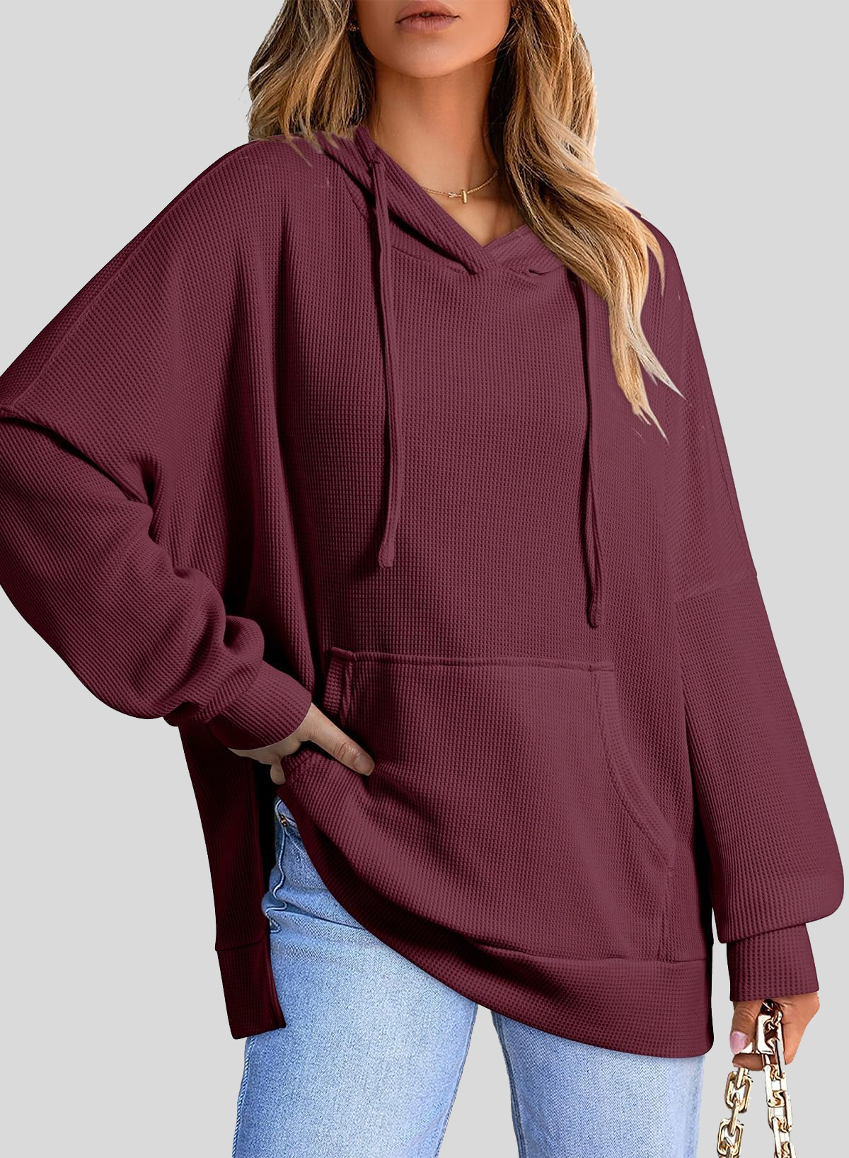 Oversized Hoodies for Women Waffle Knit Drawstring Side Slit Pullover Sweatshirts with Pocket (Final Days: Big Savings!!!)