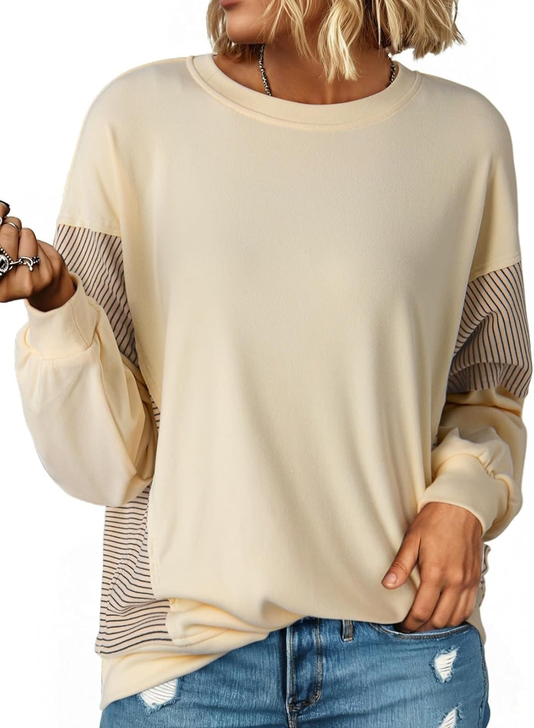 Women's Crewneck Patchwork Stripe Long Sleeve Pullover Sweatshirts