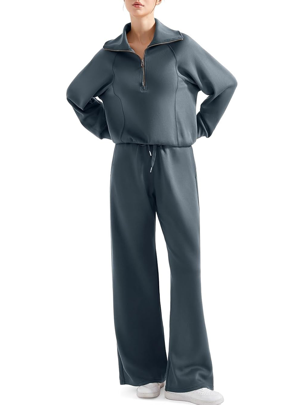 Women 2 Piece Lounge Matching Set Wide Leg Sweatpant Half Zip Sweatshirt