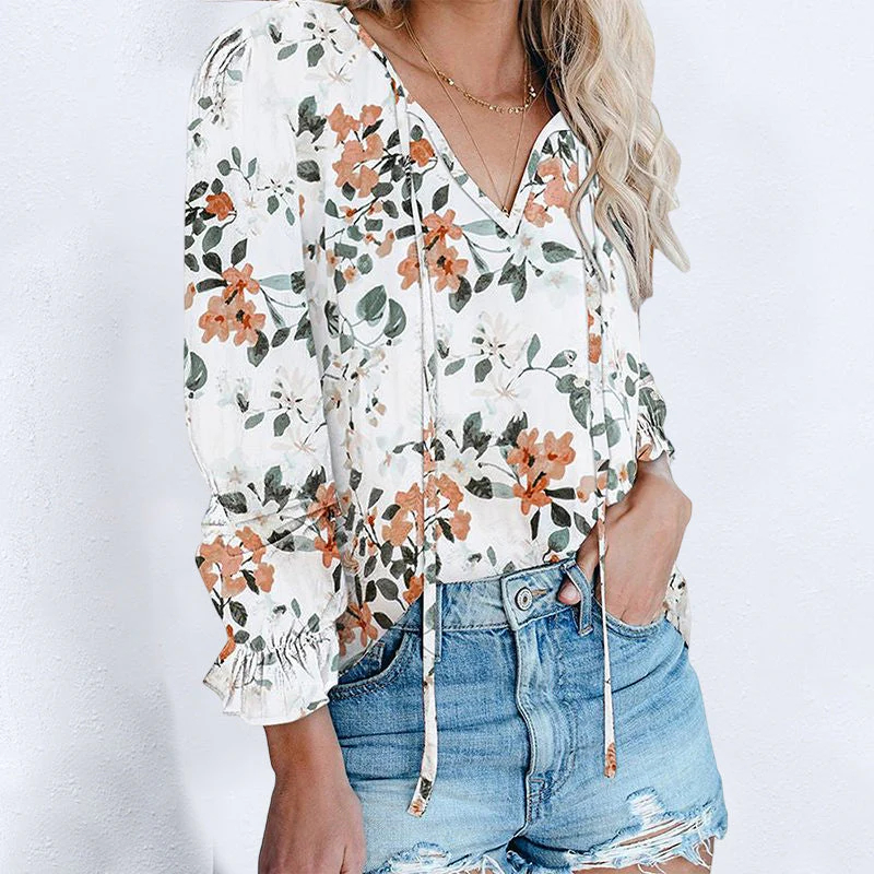 Women Boho Floral Print V Neck Drawstring Long Sleeve Blouse Top (Final Days: Big Savings!!!)