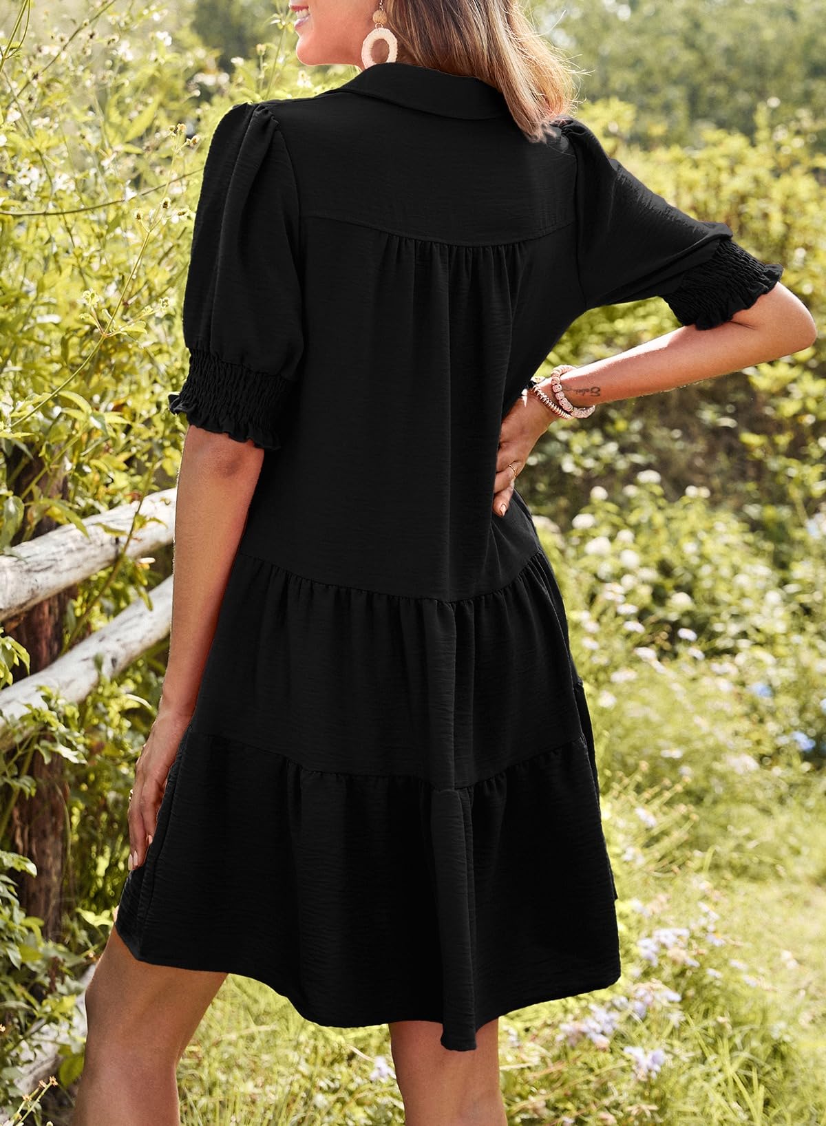 Smocked Sleeve Tiered V-Neck Mini Dress (buy 2 free shipping!!!) 