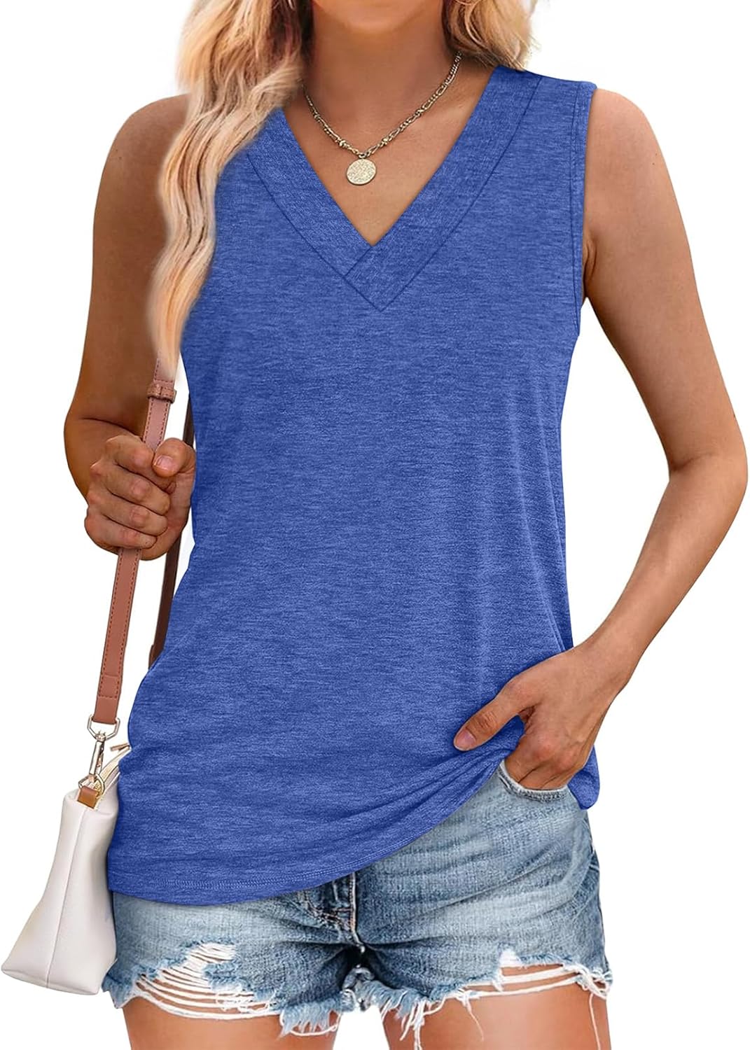 Women Summer Loose Fit V Neck T Shirts Trendy Sleeveless Basic Tank Tops 