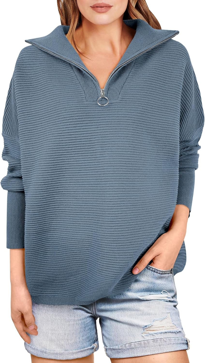 Women Quarter Zip Oversized Casual Loose Rib Knit Cozy Pullover Sweates Top