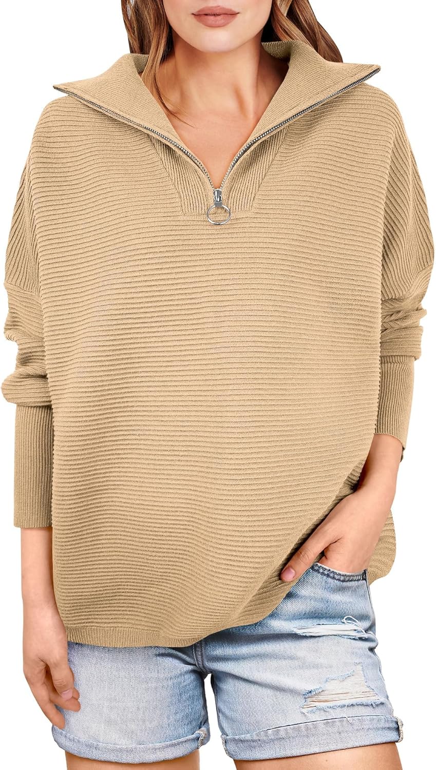 Women Quarter Zip Oversized Casual Loose Rib Knit Cozy Pullover Sweates Top