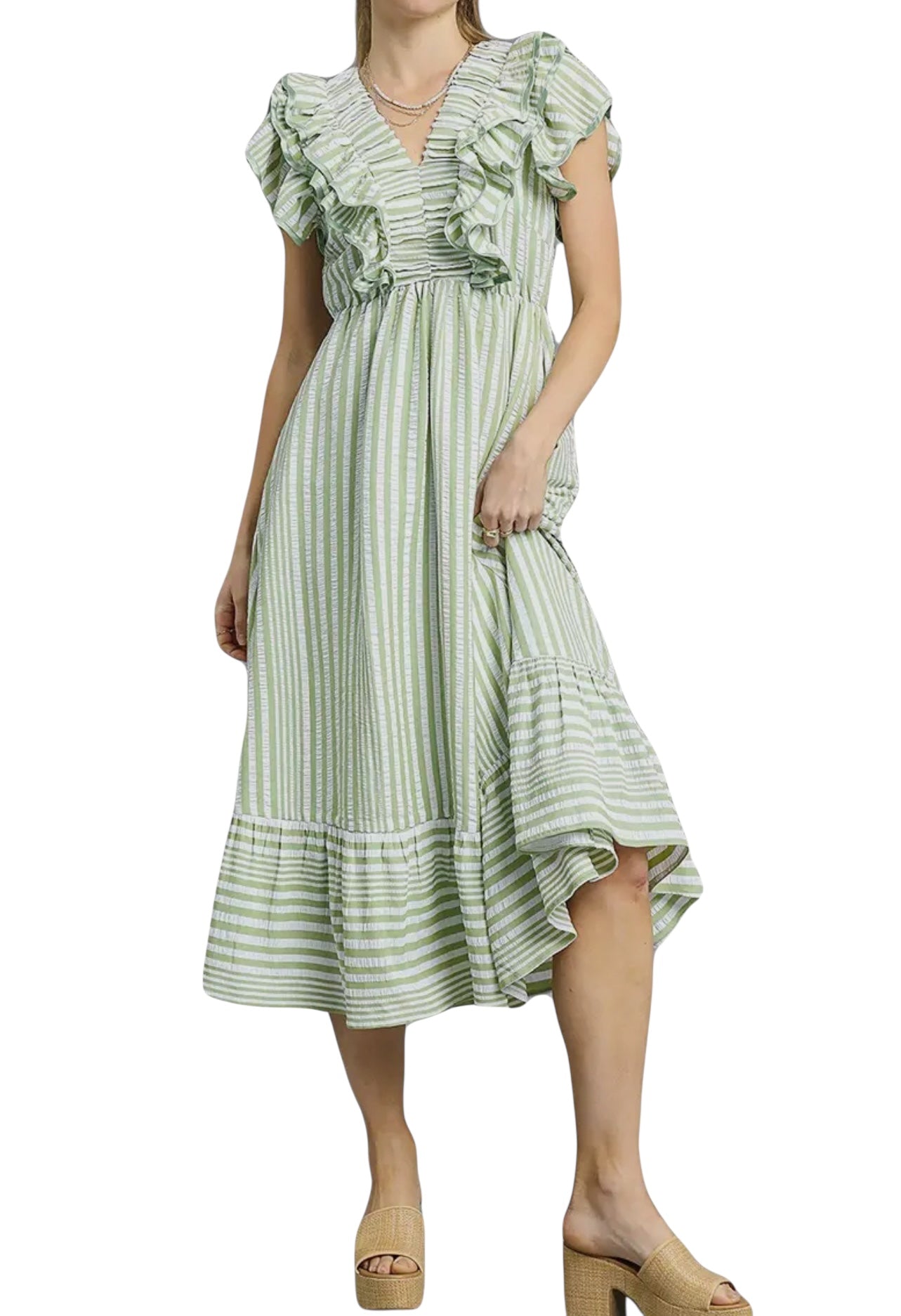 Women's Elegant V-neck Striped Ruffle Detail Midi Dress(Buy 2 Free Shipping)