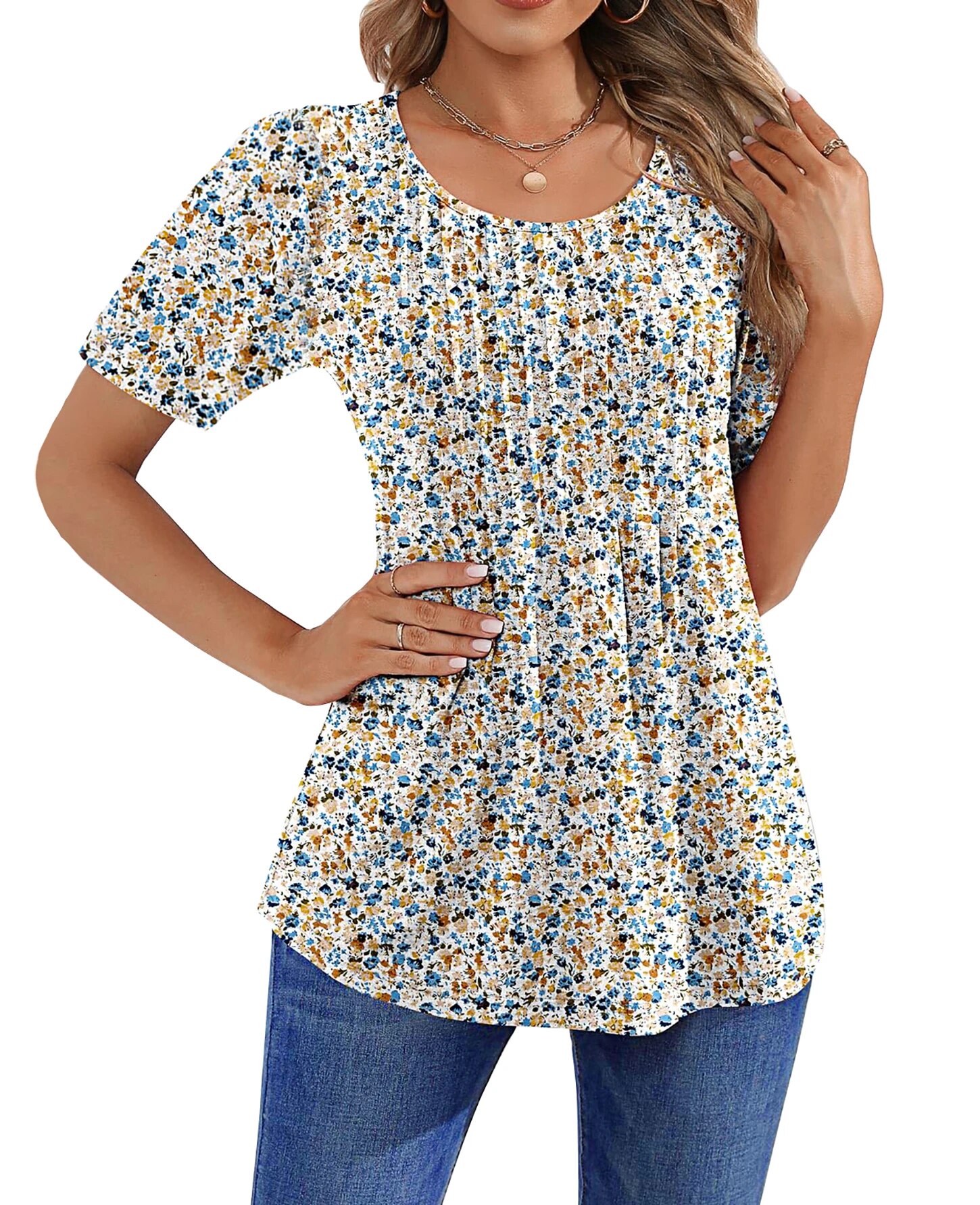 Fantaslook Blouses for Women Pleated Short Sleeve Tunic Tops Dressy Casual Summer Shirts