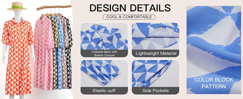 Product Introduction of FMEYOA Womens Summer Boho Midi Dress Long Sleeve Casual Color Block Floral Beach Button Down Shirt Dress 5